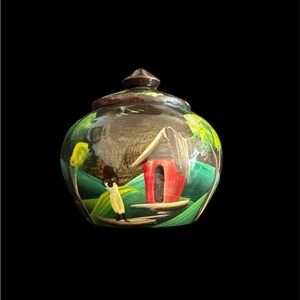 Folk art hand painted wooden lidded jar black lacquer finish